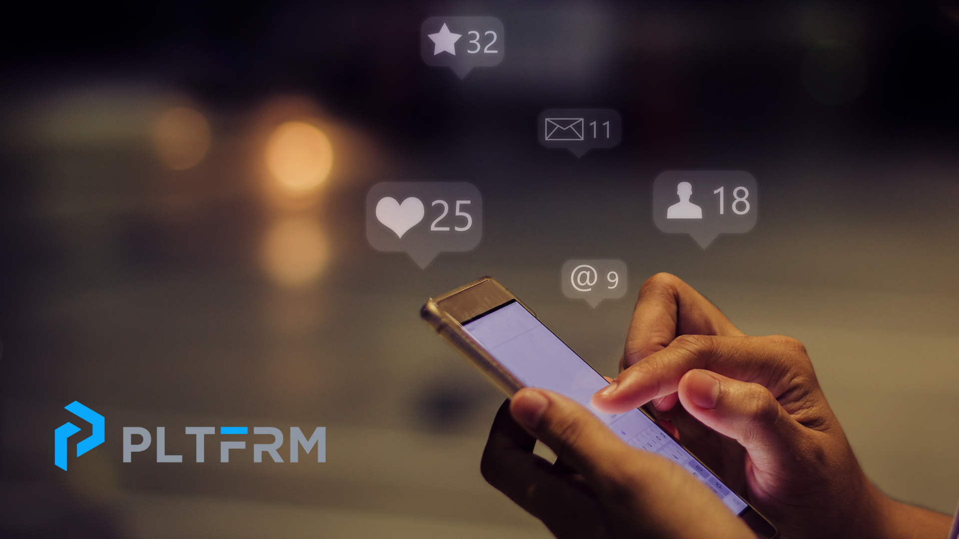 hand holding a phone with social icons and a the PLTFRM logo in the left
corner