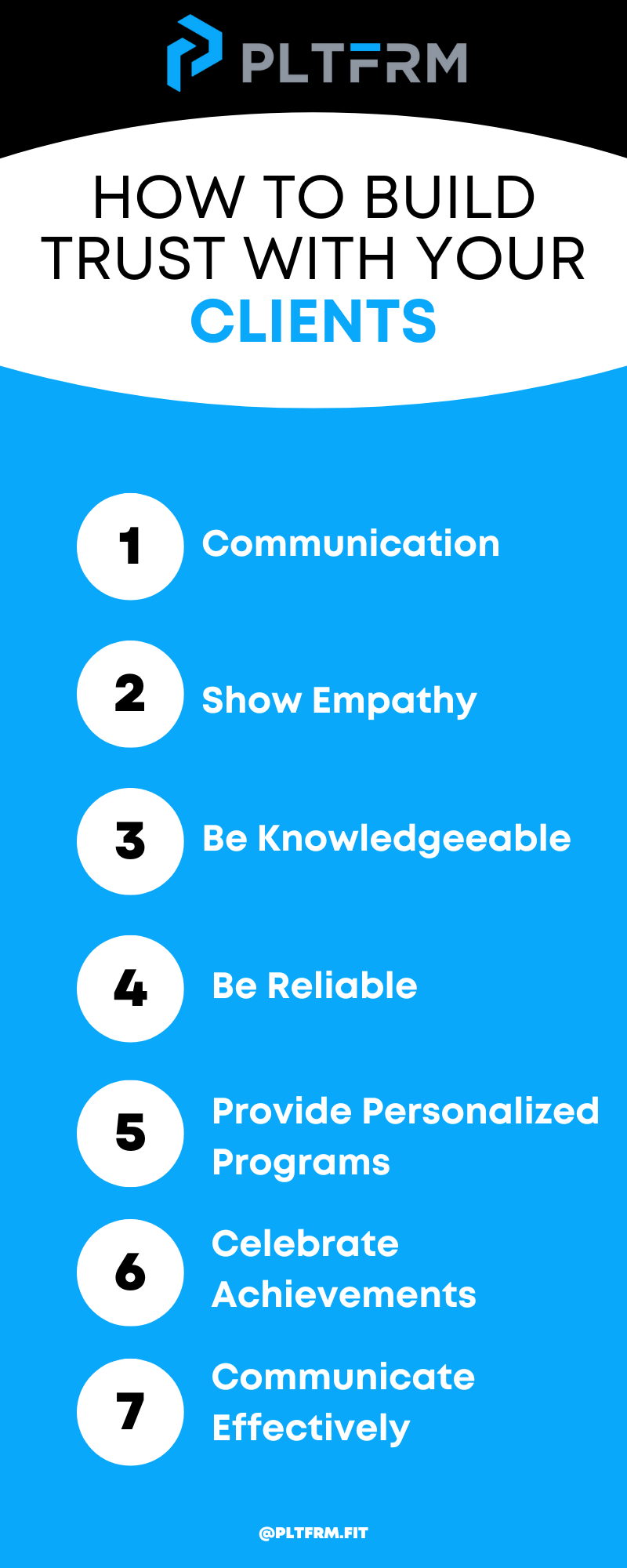 Infographic with 7 ways personal trainers can build trust with their clients.