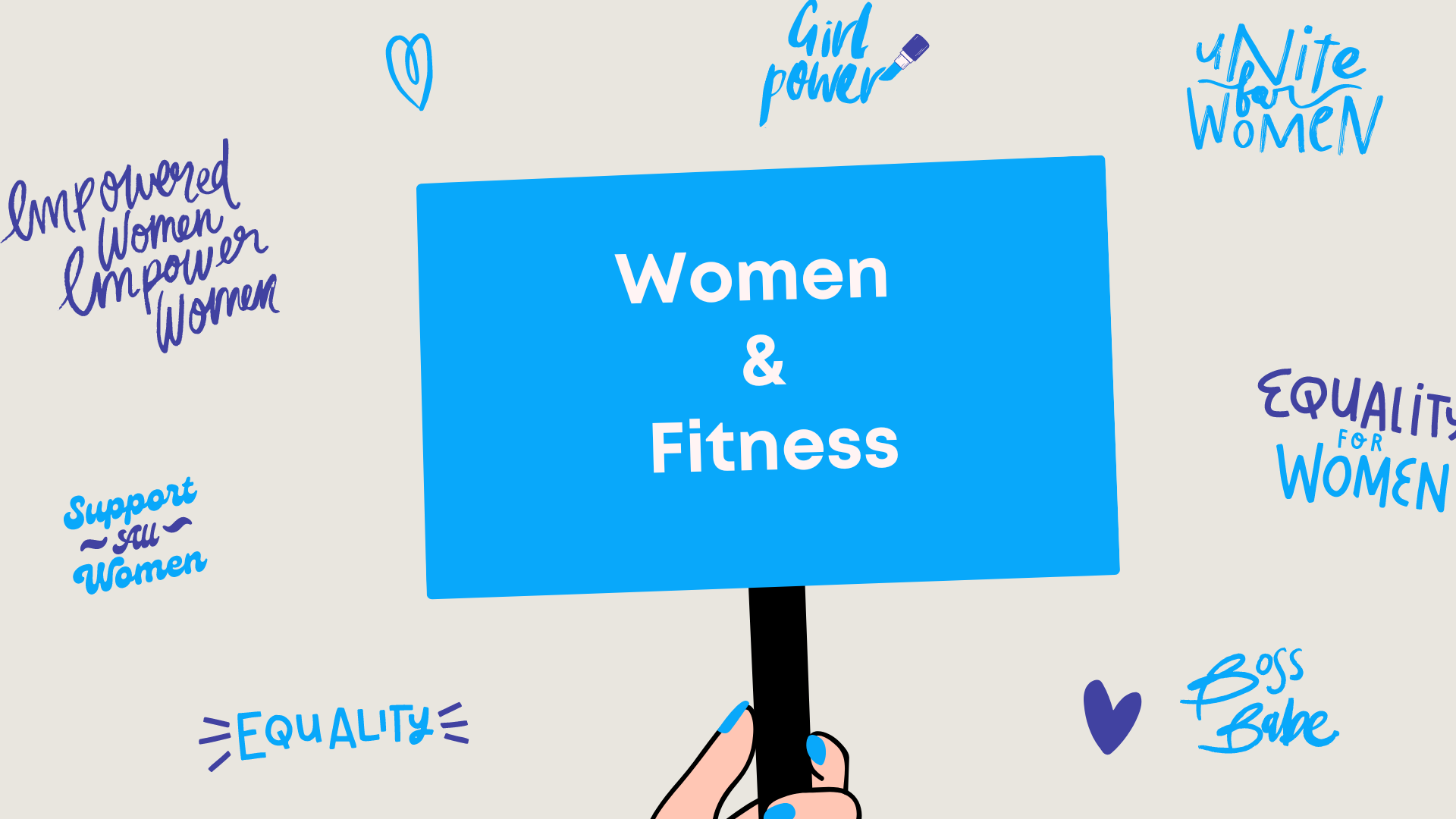 Background text about women and equality. The center text says women & fitness.