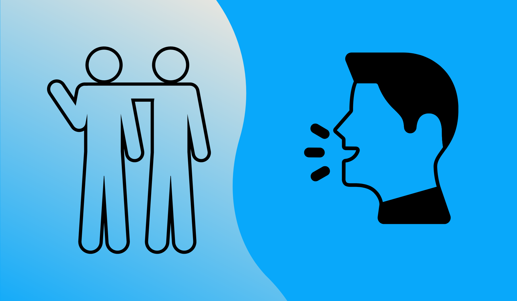 Graphic showing a man speaking. Two bodies are standing and listening.