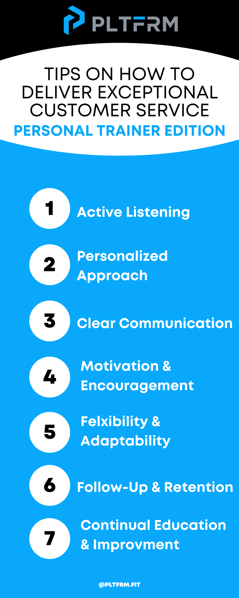Infographic listing tips on how to deliver exceptional customer service for personal trainers by PLTFRM