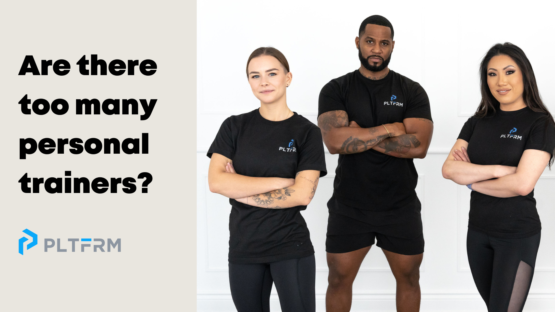 Text ‘exceptional customer service personal trainer edition’ with a personal trainer wearing a t-shirt with the PLTFRM logo