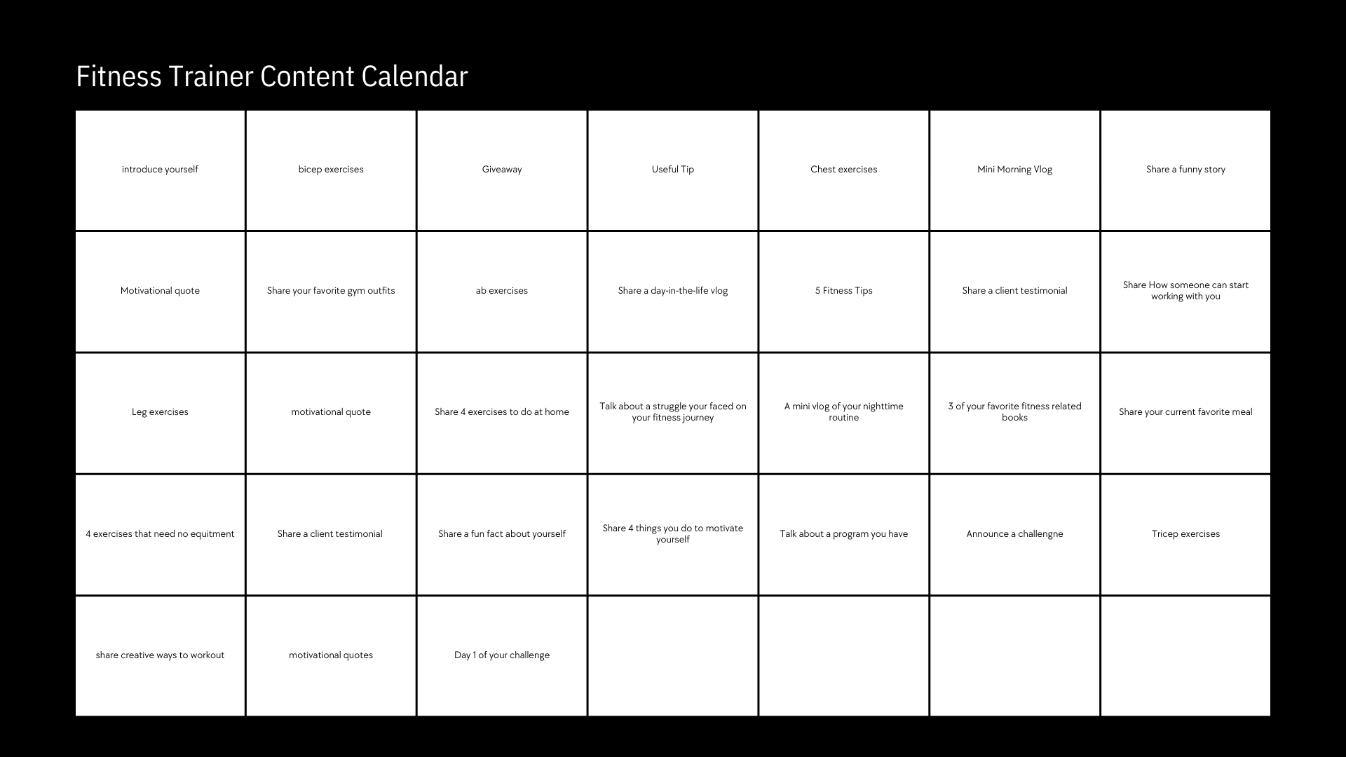 Fitness Trainer Content Calender.  Different content prompts for everyday of the week.